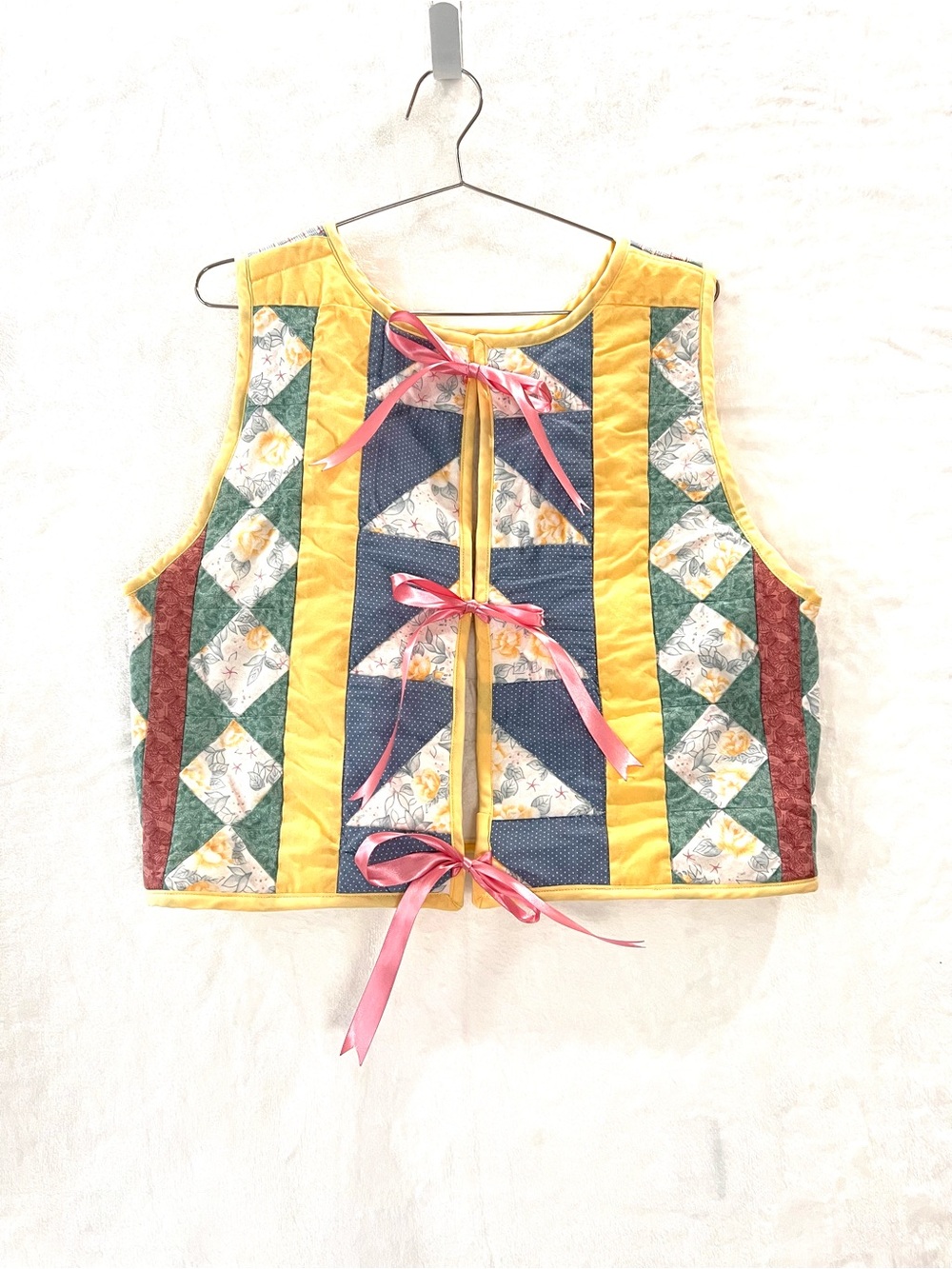 Handmade Quilted Patchwork Ribbon-Tie Vest in Yellow and Green